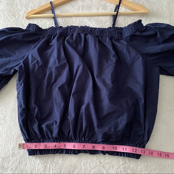Dark Blue Cold Shoulder Cropped Waist Lace Trim Sleeve Top - Picture 6 of 10
